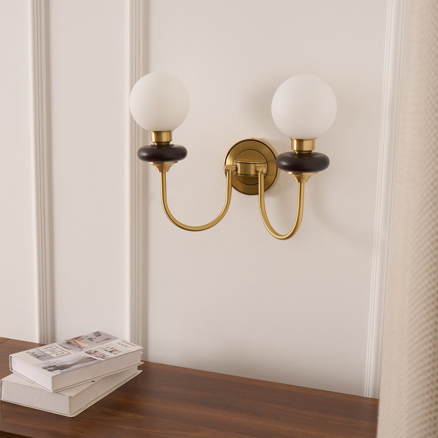 Bellevue Wall Lamp | Opaline Glass & Brass | Walnut & White