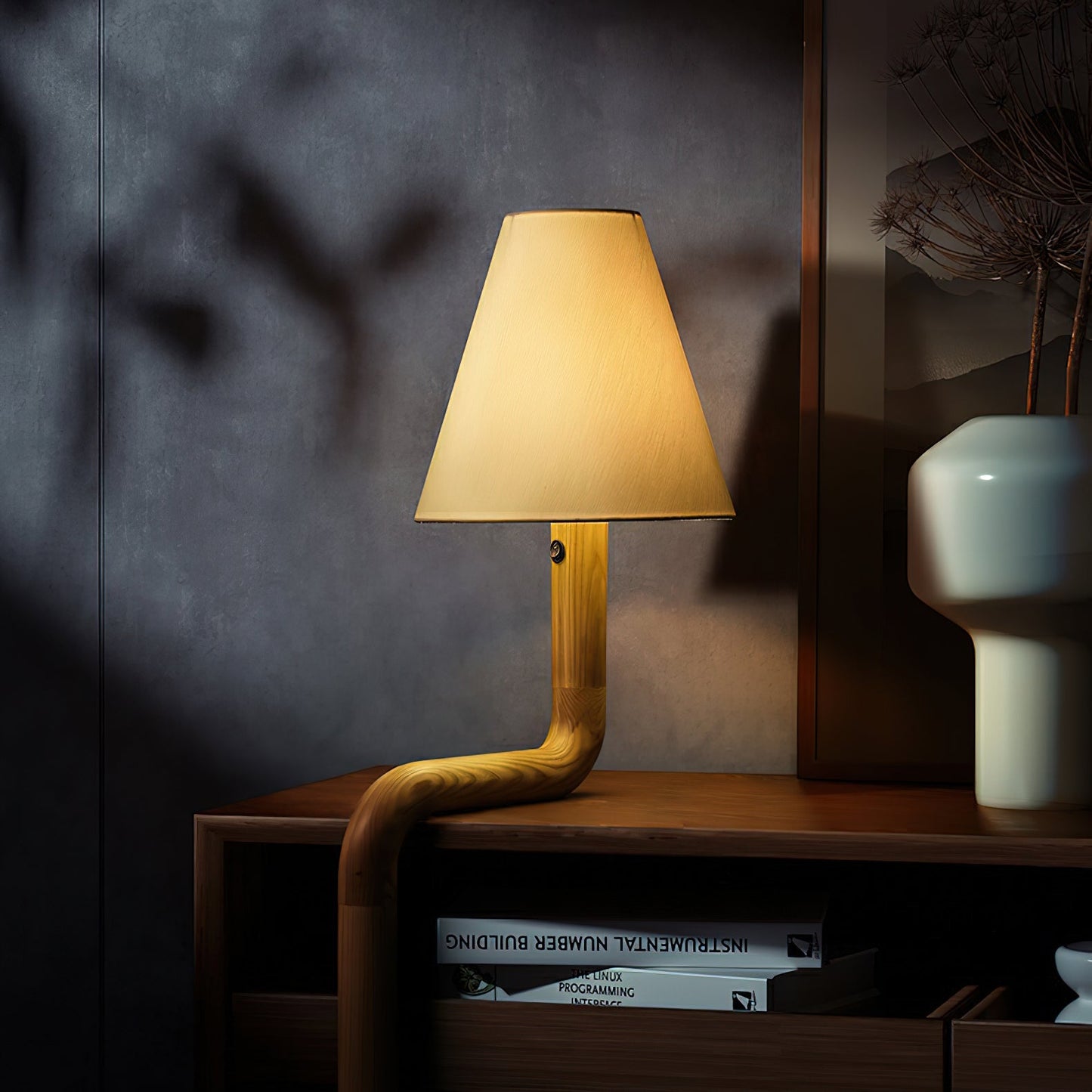 Bend Wood Table Lamp | Wood, Metal, Fabric | White Shade