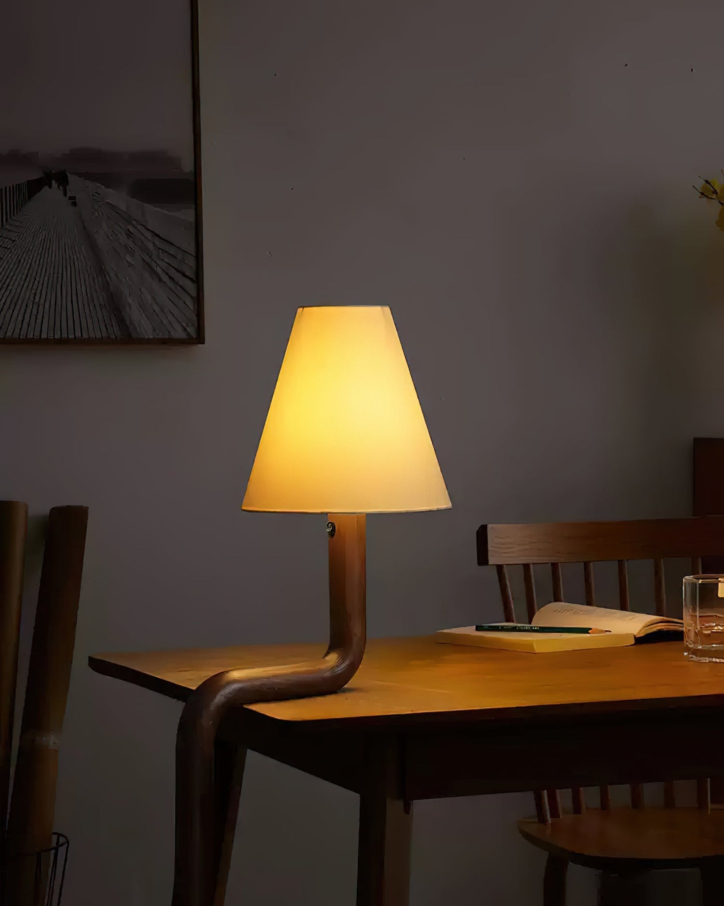 Bend Wood Table Lamp | Wood, Metal, Fabric | White Shade