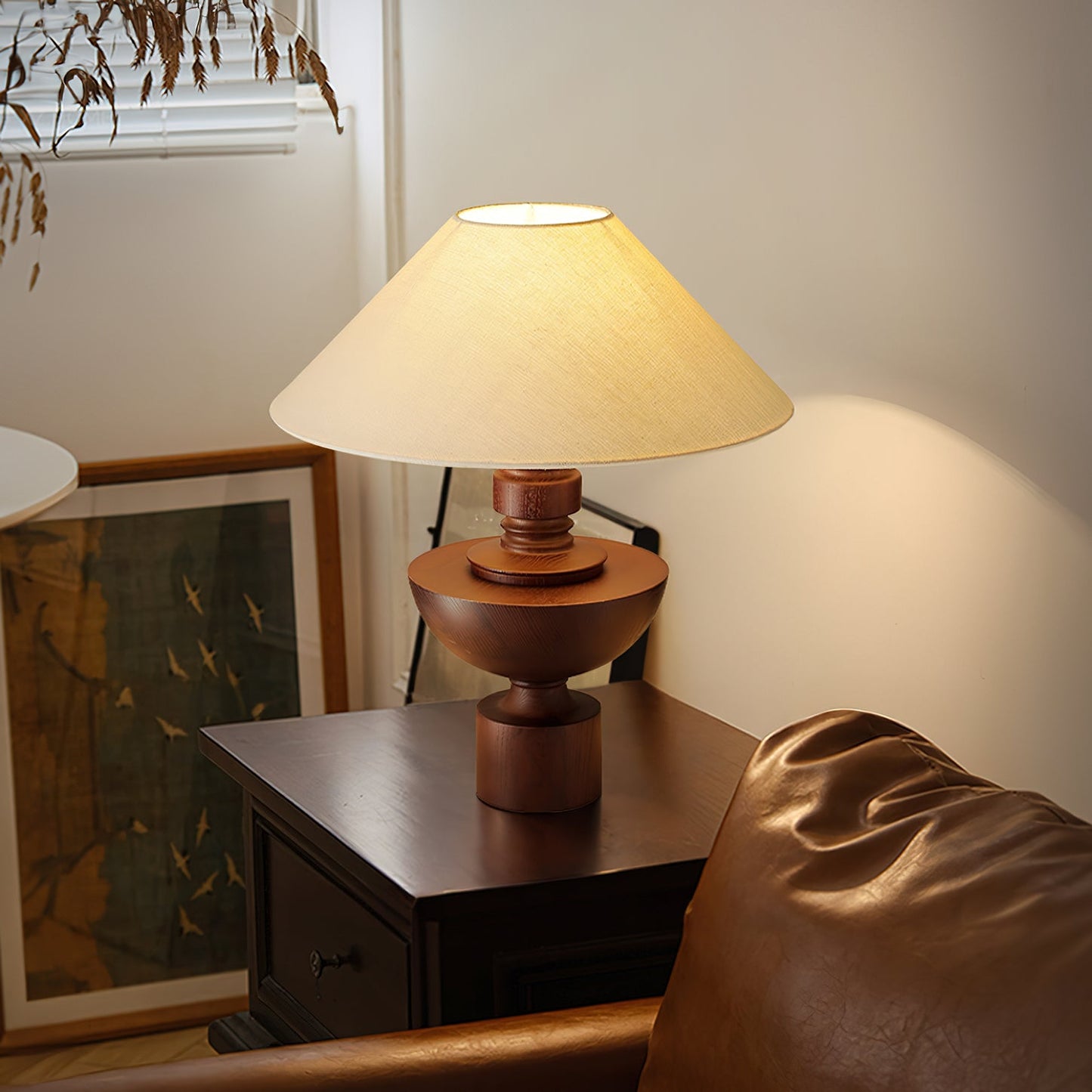 Bhaskara Table Lamp | Solid Wood Base & Fabric Shade | Walnut & White