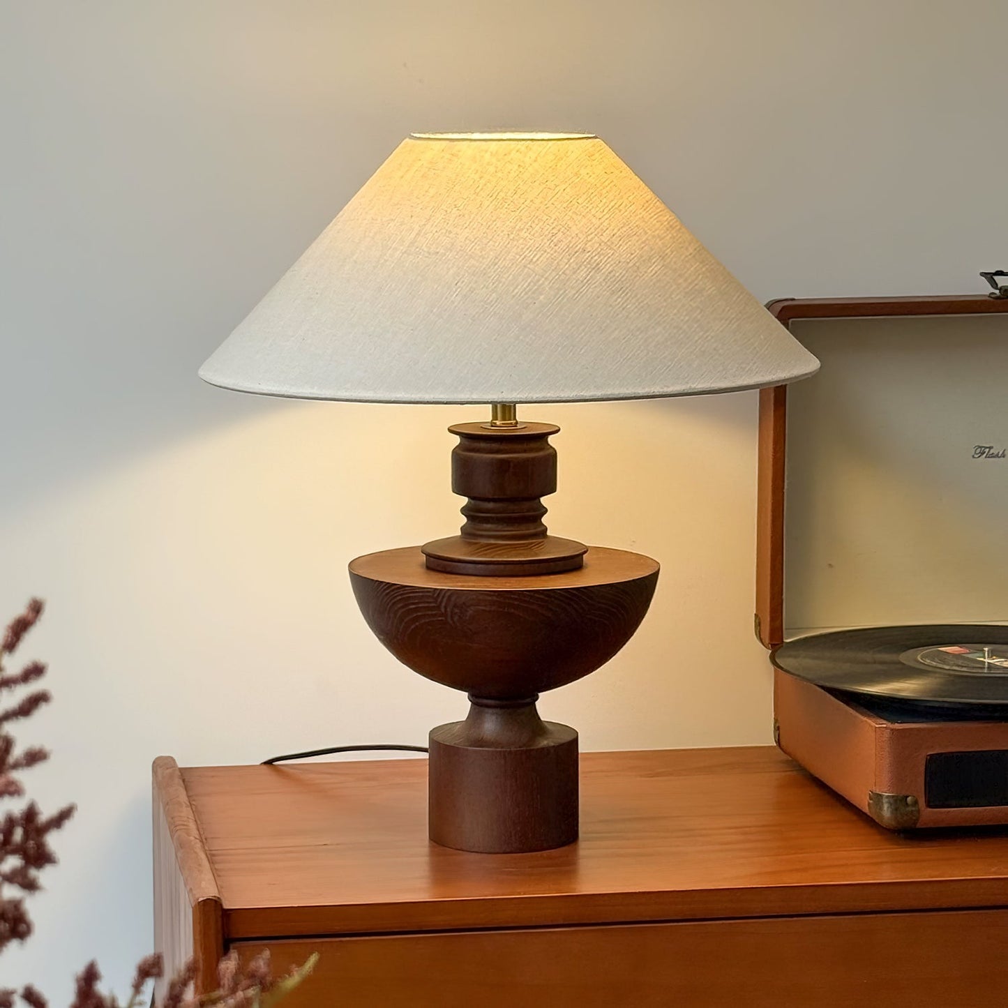Bhaskara Table Lamp | Solid Wood Base & Fabric Shade | Walnut & White