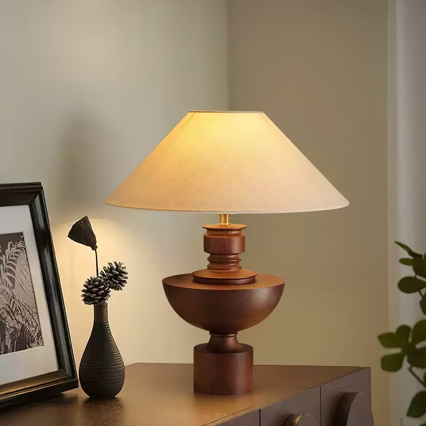 Bhaskara Table Lamp | Solid Wood Base & Fabric Shade | Walnut & White