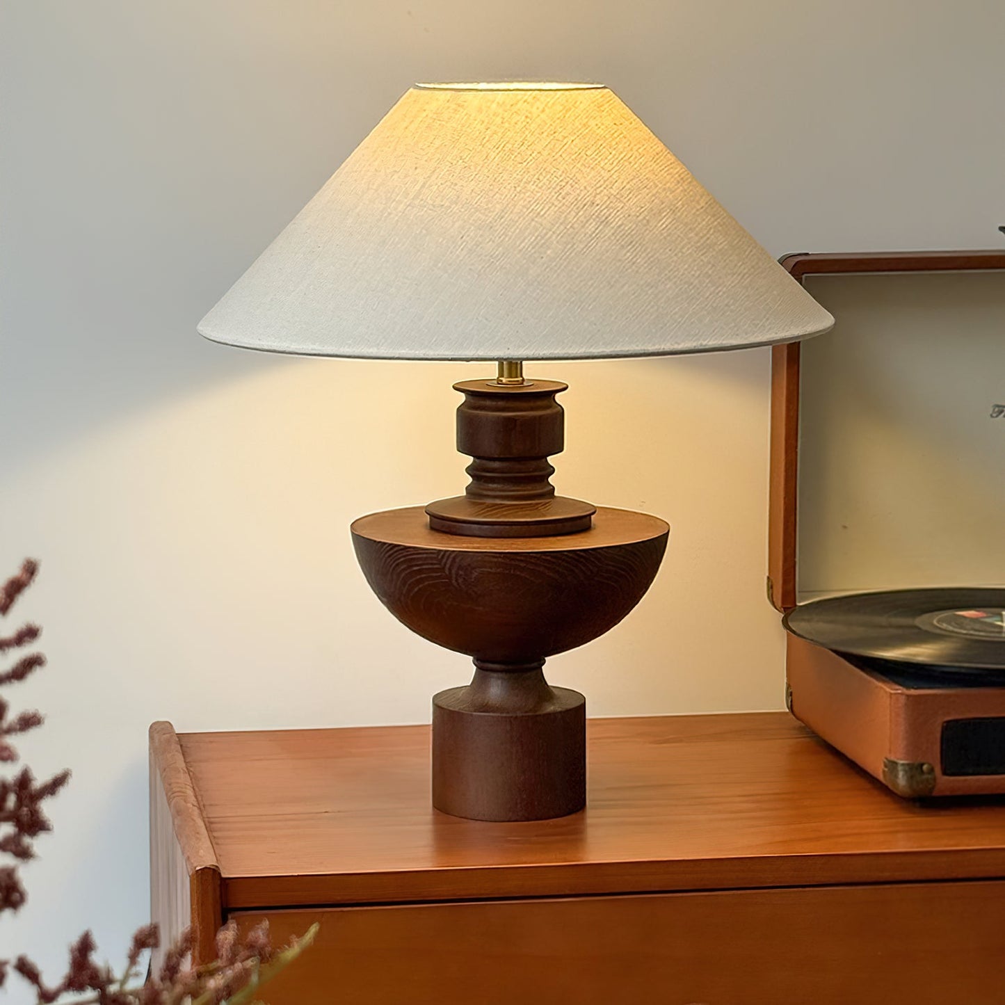 Bhaskara Table Lamp | Solid Wood Base & Fabric Shade | Walnut & White
