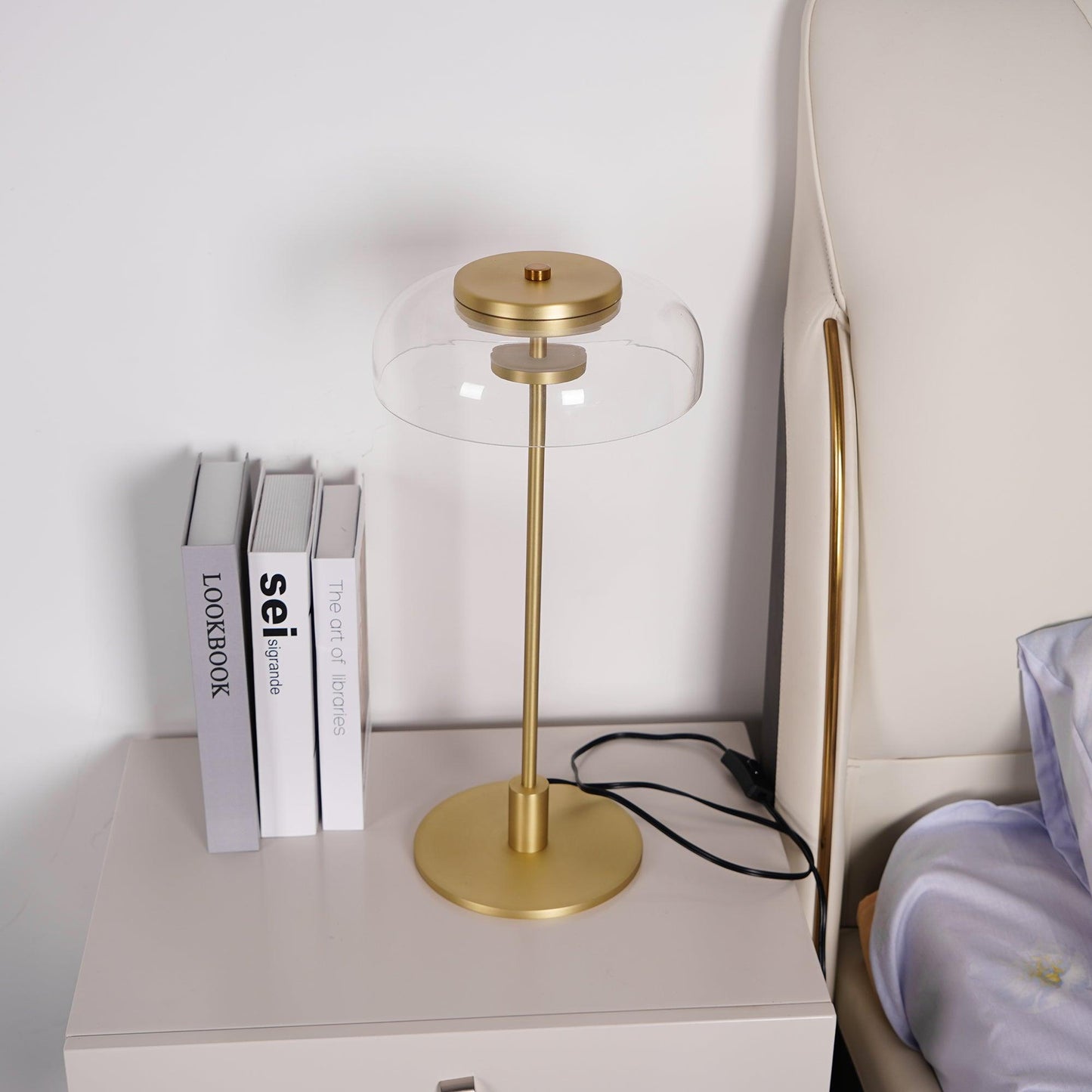 Solara Table Lamp | Brass & Glass | Clear or Grey Shade