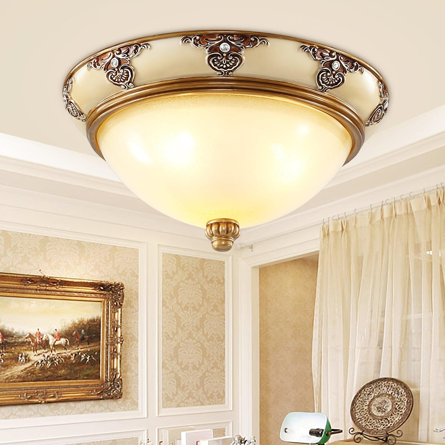 Brahm Flush Ceiling Light | Antique Beige | Frosted Glass