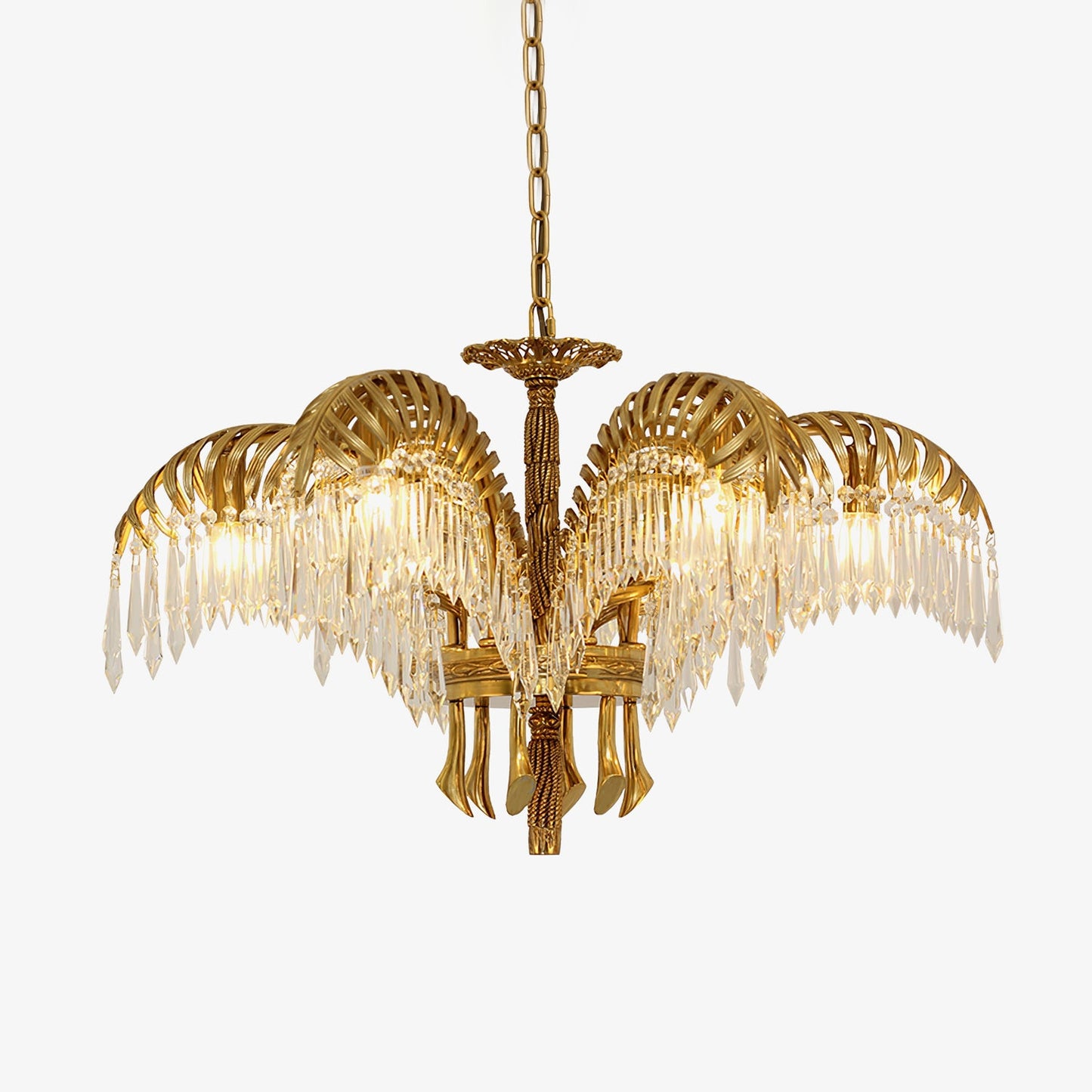 Palm Leaf Crystal Chandelier | Handcrafted Brass & Crystal | 3, 6, 8 Heads