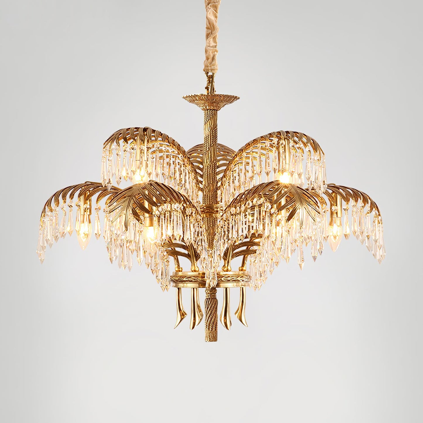 Palm Leaf Crystal Chandelier | Handcrafted Brass & Crystal | 3, 6, 8 Heads