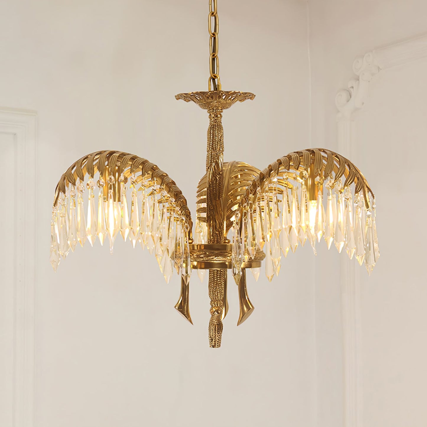 Palm Leaf Crystal Chandelier | Handcrafted Brass & Crystal | 3, 6, 8 Heads