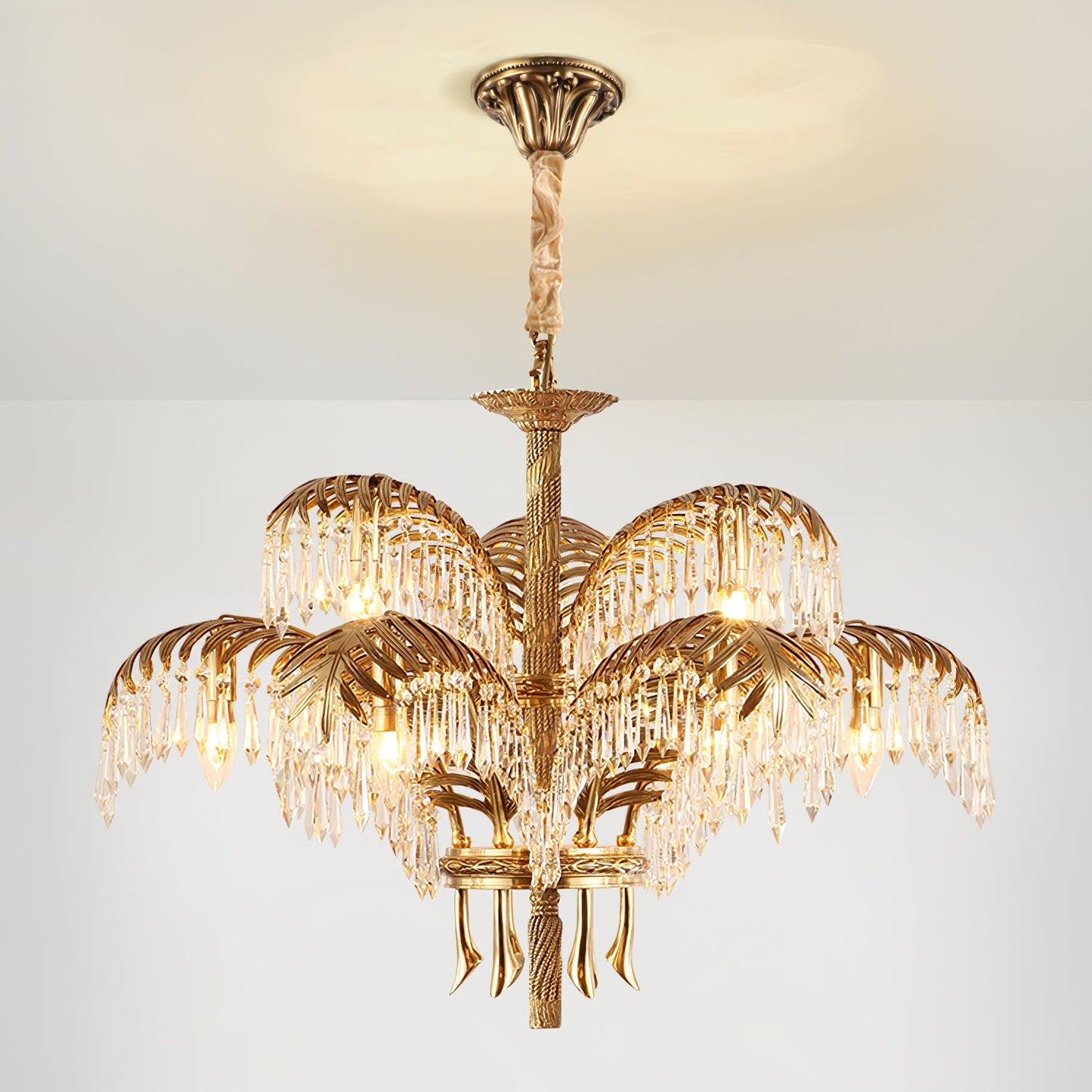 Palm Leaf Crystal Chandelier | Handcrafted Brass & Crystal | 3, 6, 8 Heads