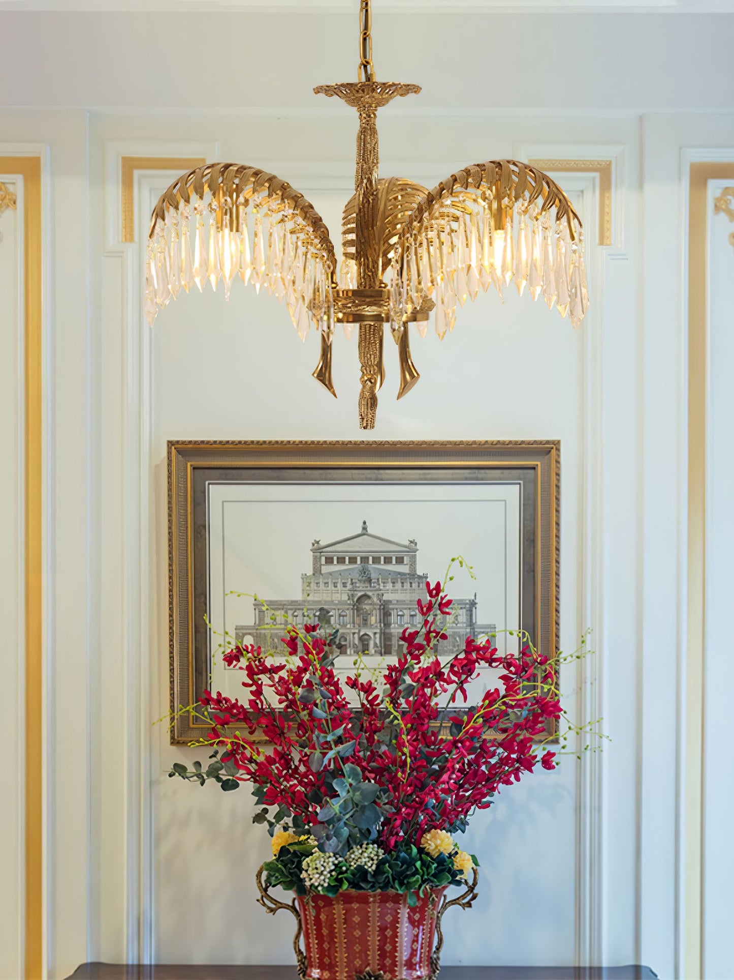 Palm Leaf Crystal Chandelier | Handcrafted Brass & Crystal | 3, 6, 8 Heads