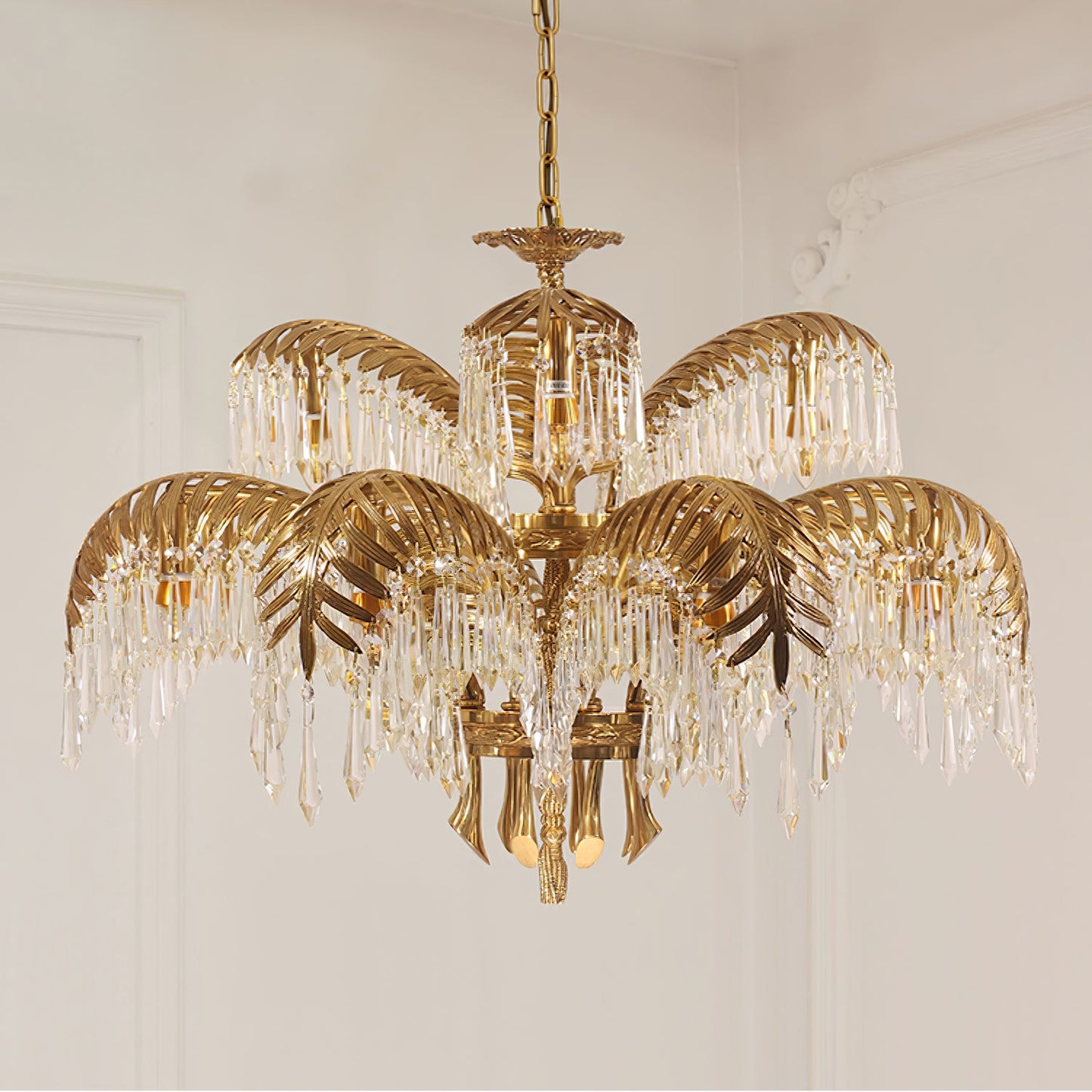 Palm Leaf Crystal Chandelier | Handcrafted Brass & Crystal | 3, 6, 8 Heads