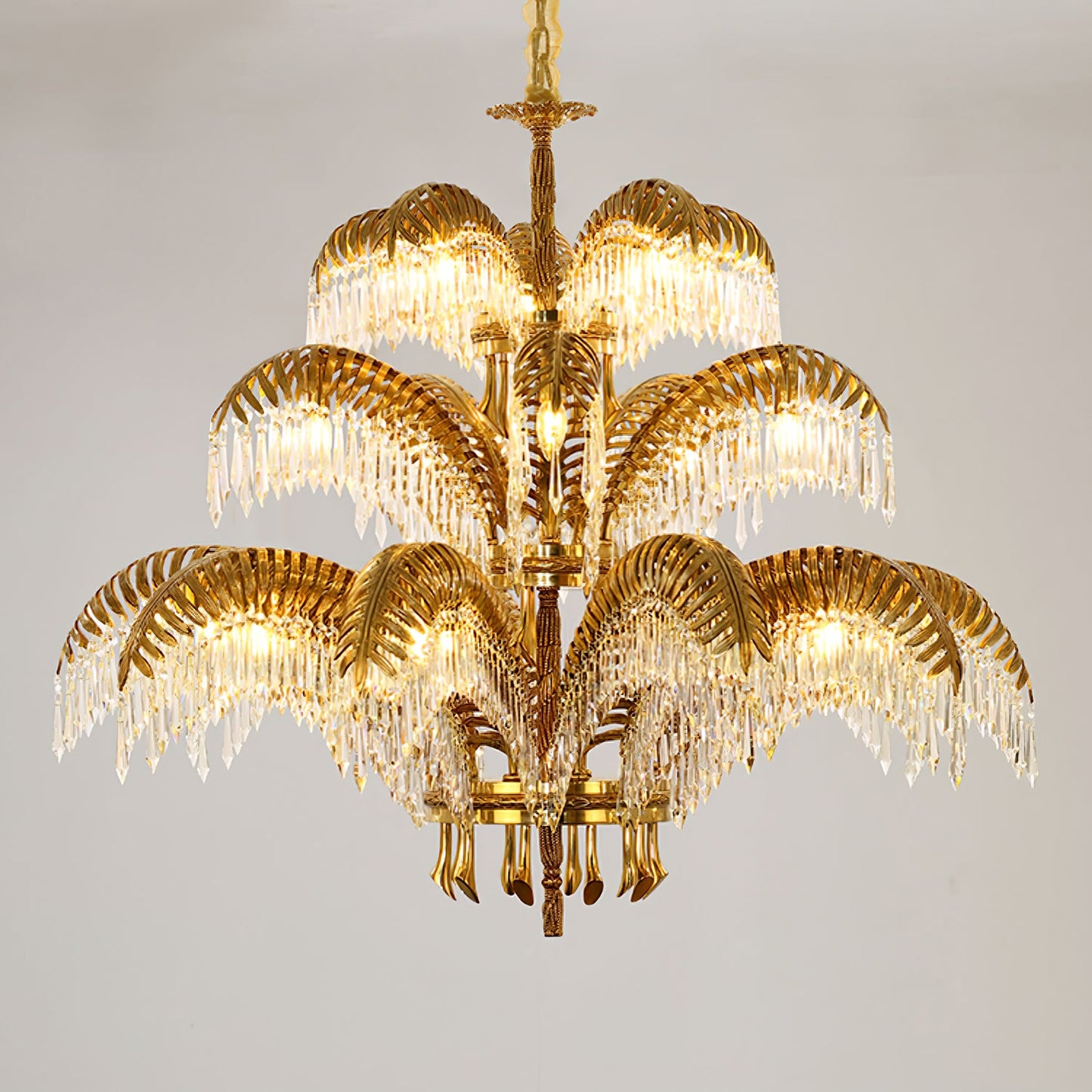 Palm Leaf Crystal Chandelier | Handcrafted Brass & Crystal | 3, 6, 8 Heads
