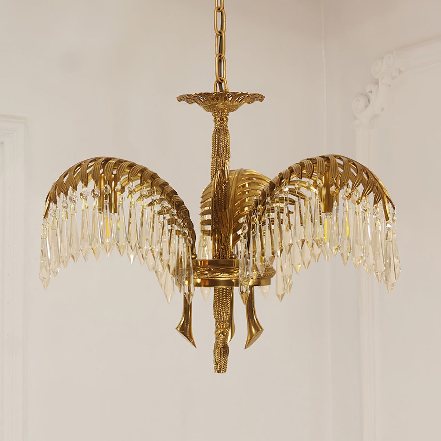 Palm Leaf Crystal Chandelier | Handcrafted Brass & Crystal | 3, 6, 8 Heads