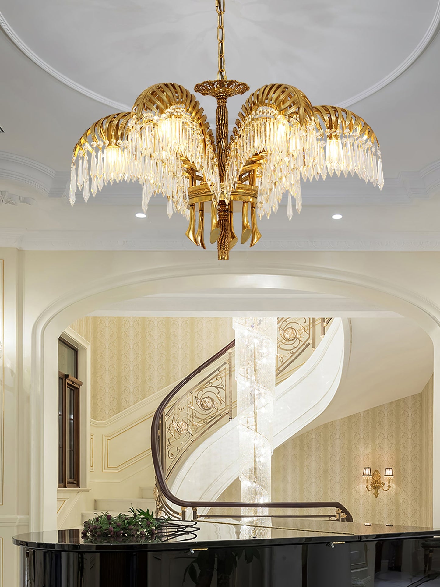 Palm Leaf Crystal Chandelier | Handcrafted Brass & Crystal | 3, 6, 8 Heads