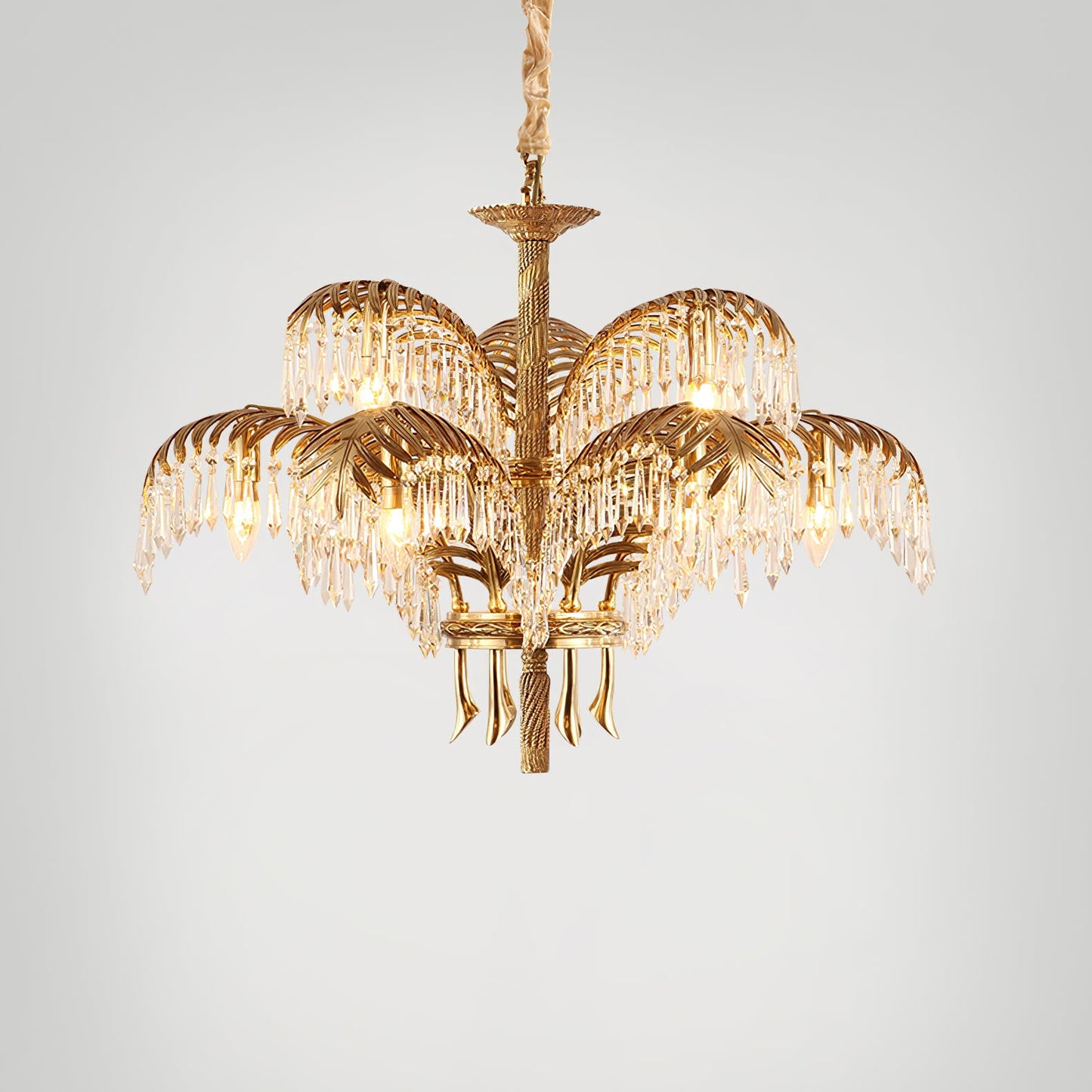 Palm Leaf Crystal Chandelier | Handcrafted Brass & Crystal | 3, 6, 8 Heads