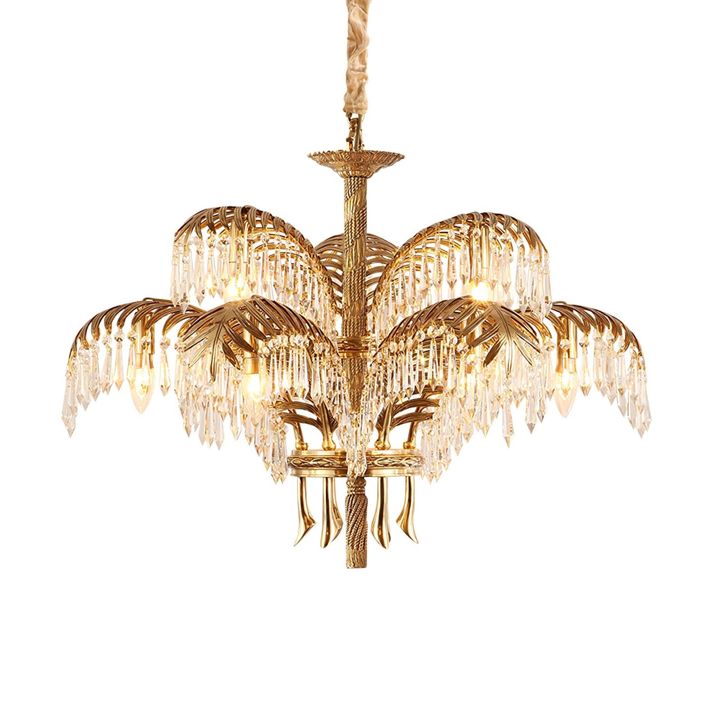 Palm Leaf Crystal Chandelier | Handcrafted Brass & Crystal | 3, 6, 8 Heads