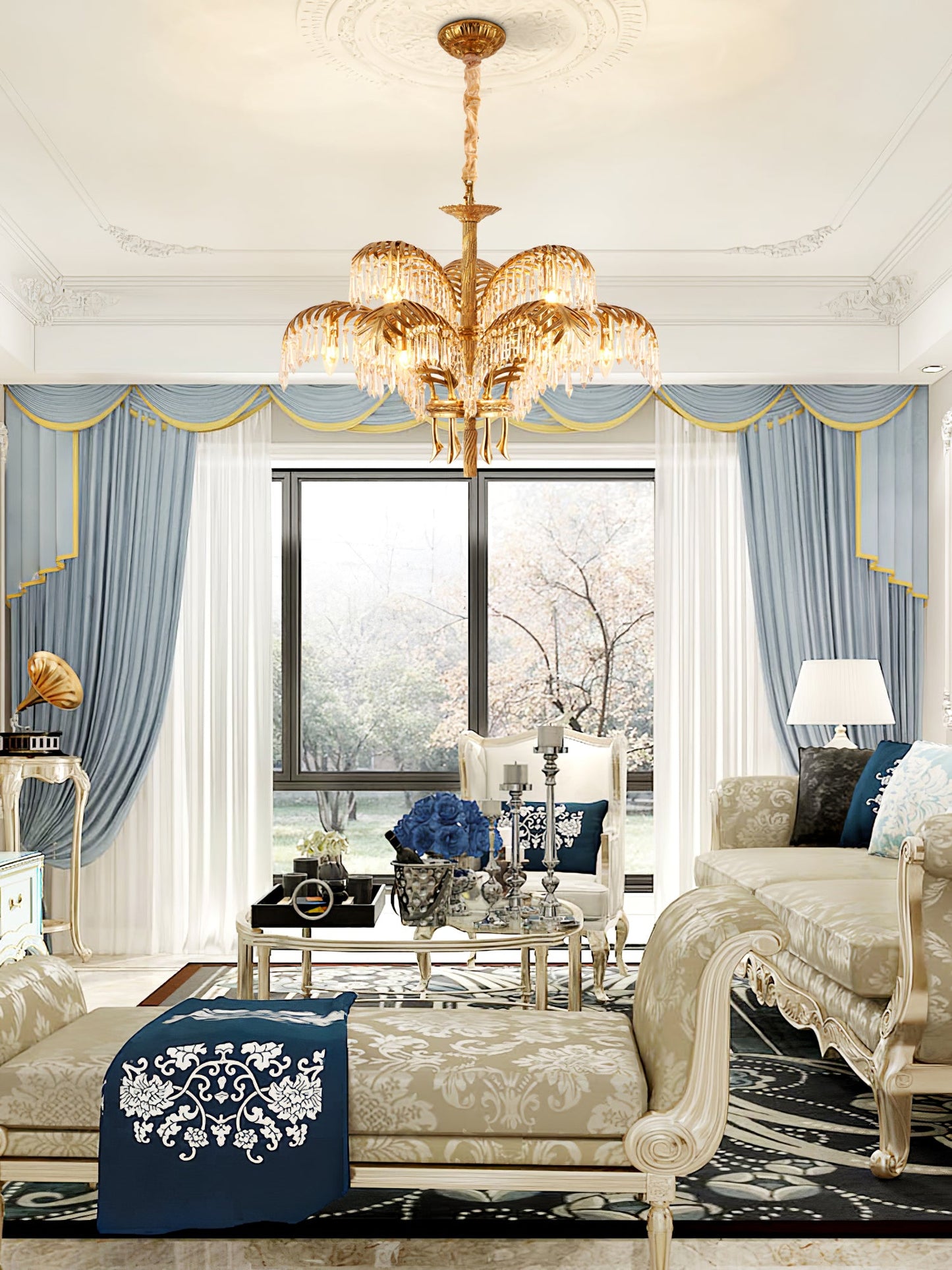 Palm Leaf Crystal Chandelier | Handcrafted Brass & Crystal | 3, 6, 8 Heads