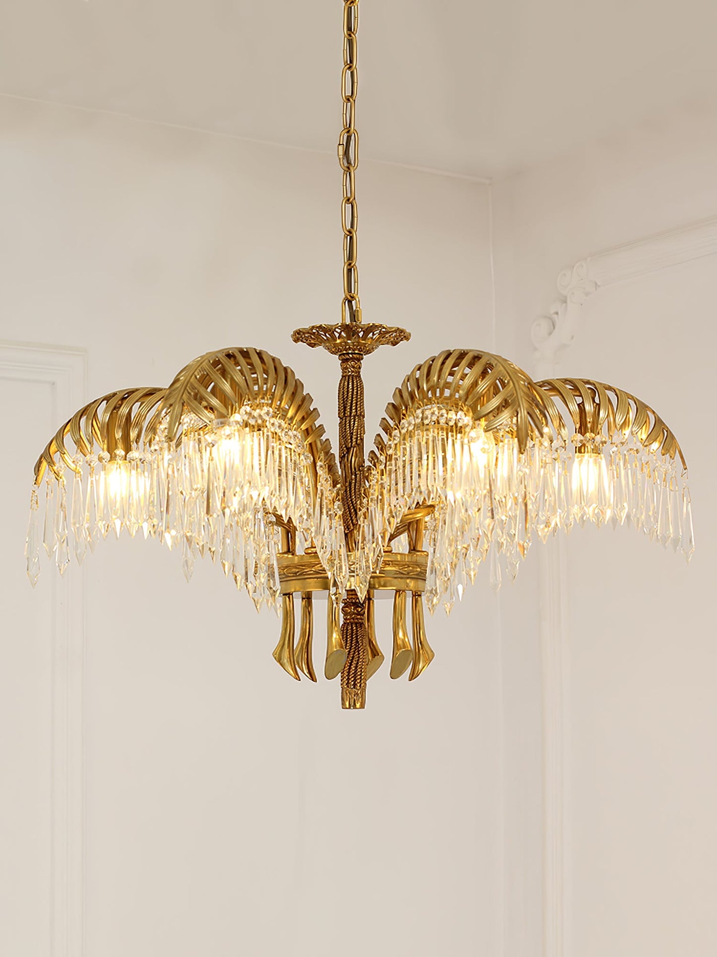 Palm Leaf Crystal Chandelier | Handcrafted Brass & Crystal | 3, 6, 8 Heads