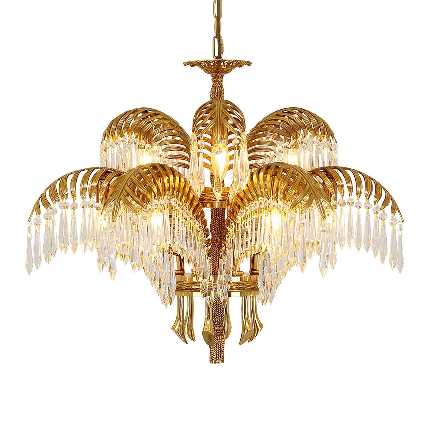 Palm Leaf Crystal Chandelier | Handcrafted Brass & Crystal | 3, 6, 8 Heads