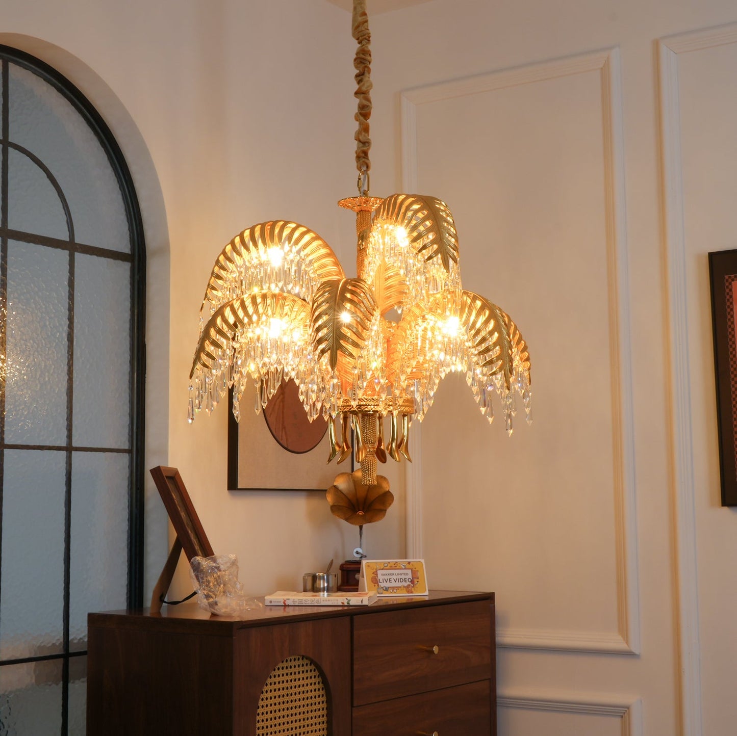 Palm Leaf Crystal Chandelier | Handcrafted Brass & Crystal | 3, 6, 8 Heads