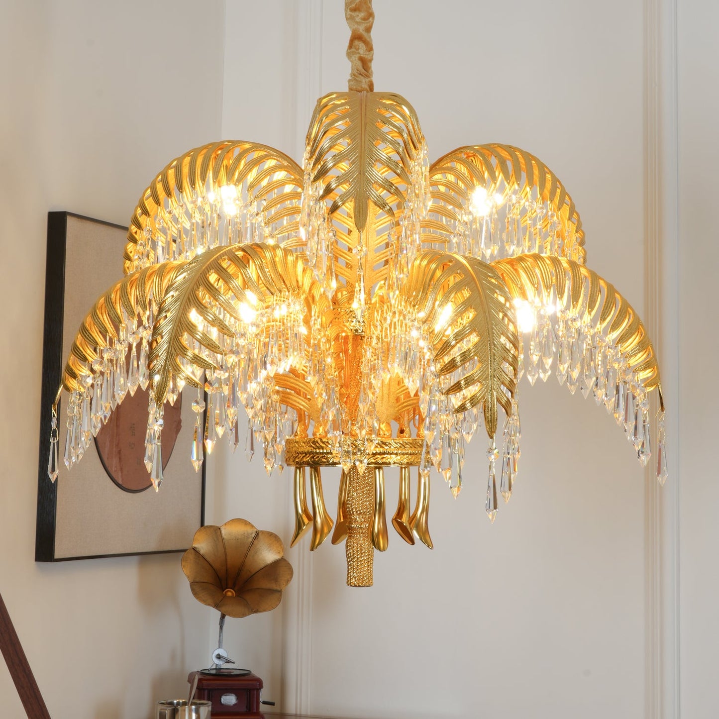 Palm Leaf Crystal Chandelier | Handcrafted Brass & Crystal | 3, 6, 8 Heads