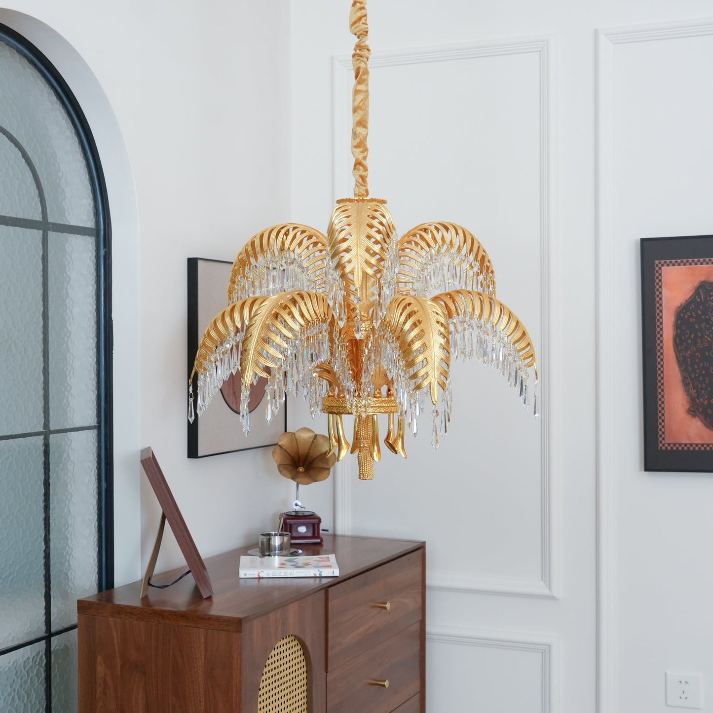 Palm Leaf Crystal Chandelier | Handcrafted Brass & Crystal | 3, 6, 8 Heads