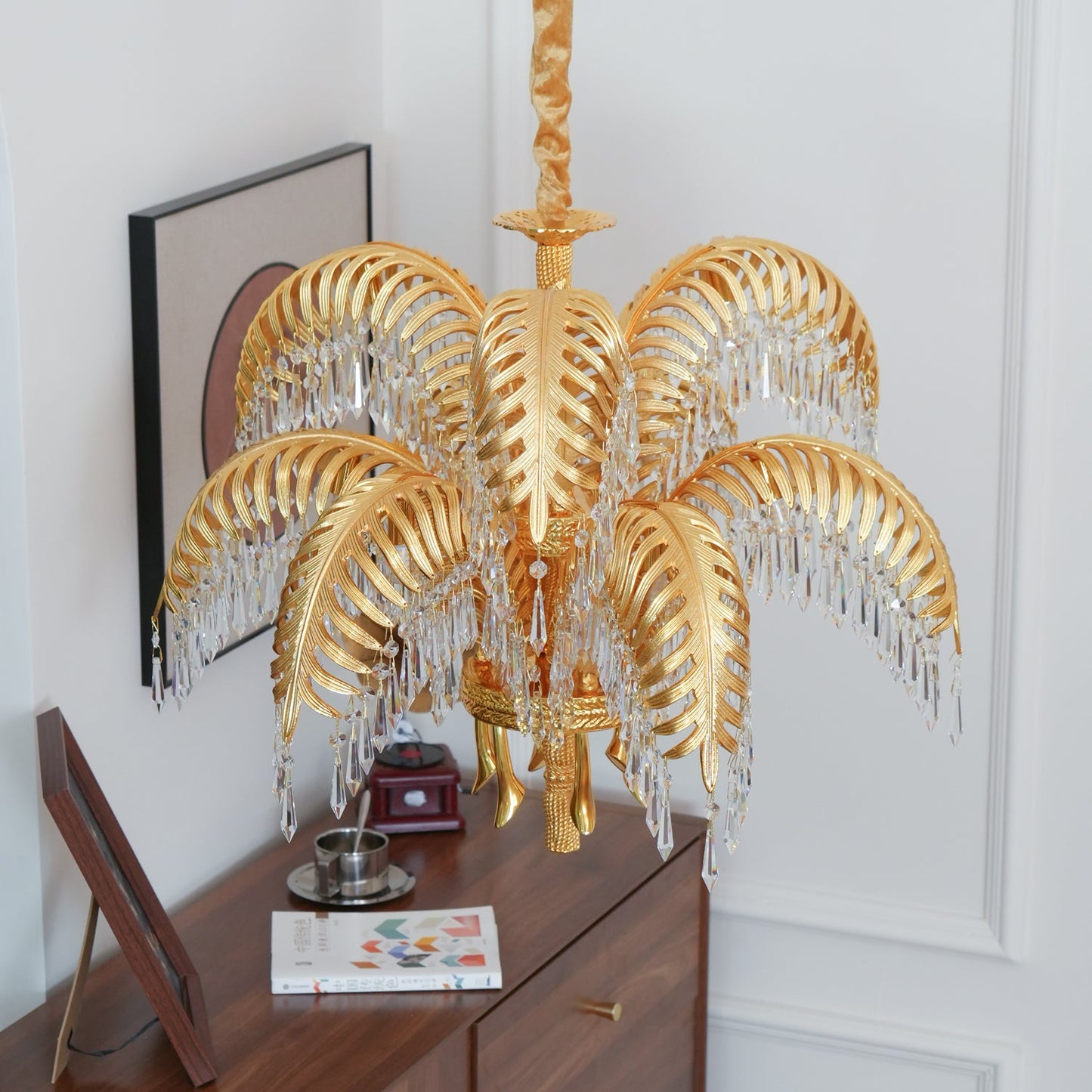 Palm Leaf Crystal Chandelier | Handcrafted Brass & Crystal | 3, 6, 8 Heads