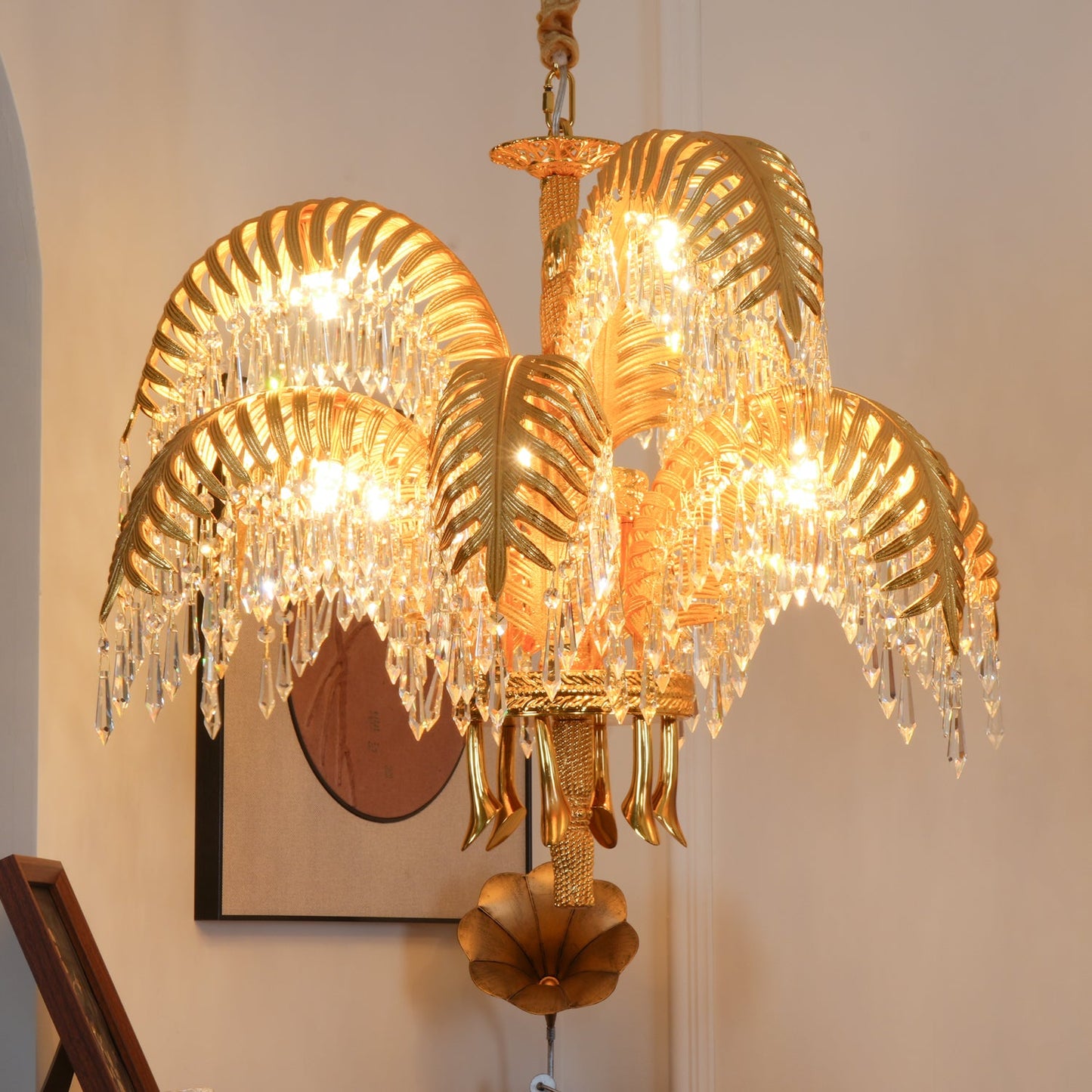 Palm Leaf Crystal Chandelier | Handcrafted Brass & Crystal | 3, 6, 8 Heads
