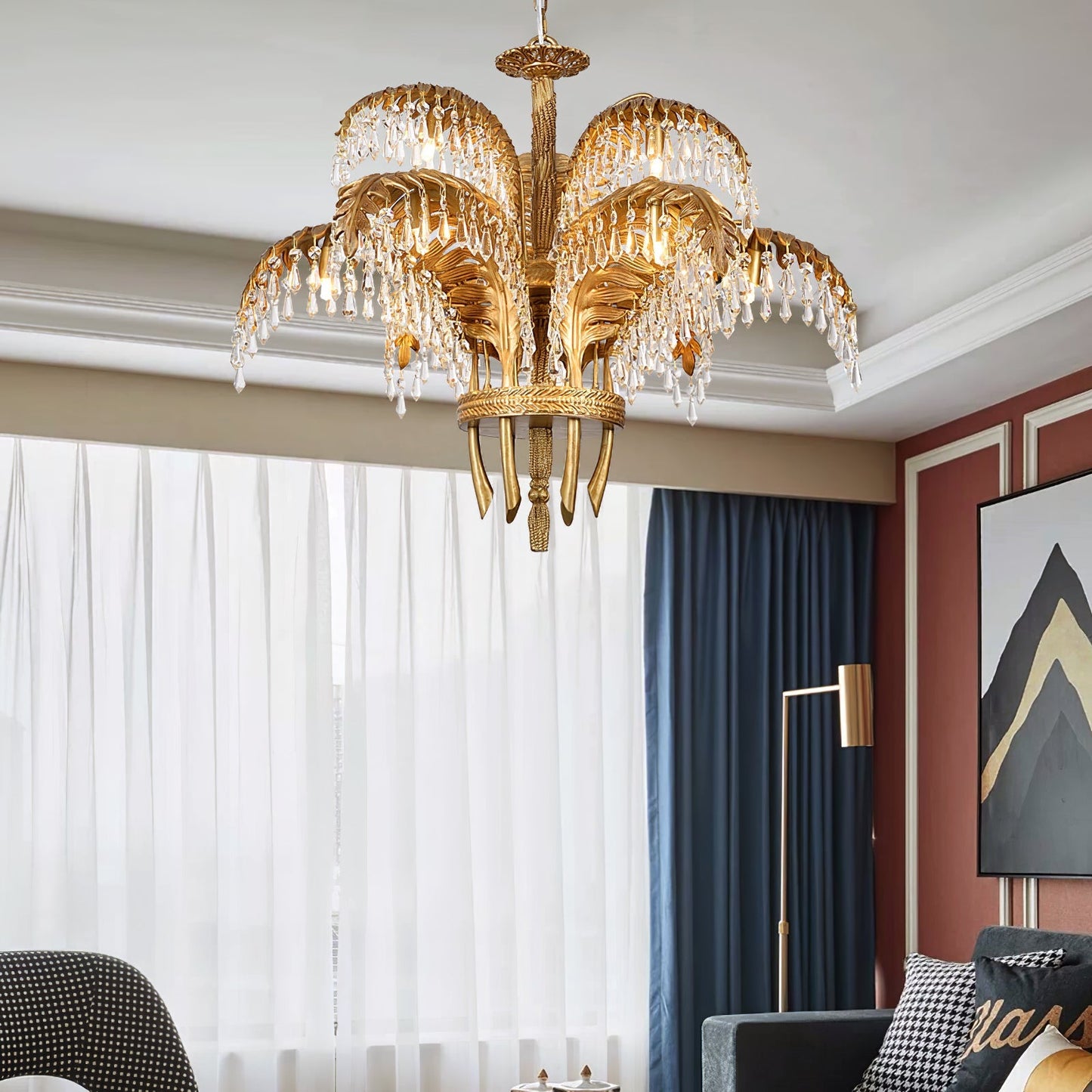 Palm Leaf Crystal Chandelier | Handcrafted Brass & Crystal | 3, 6, 8 Heads