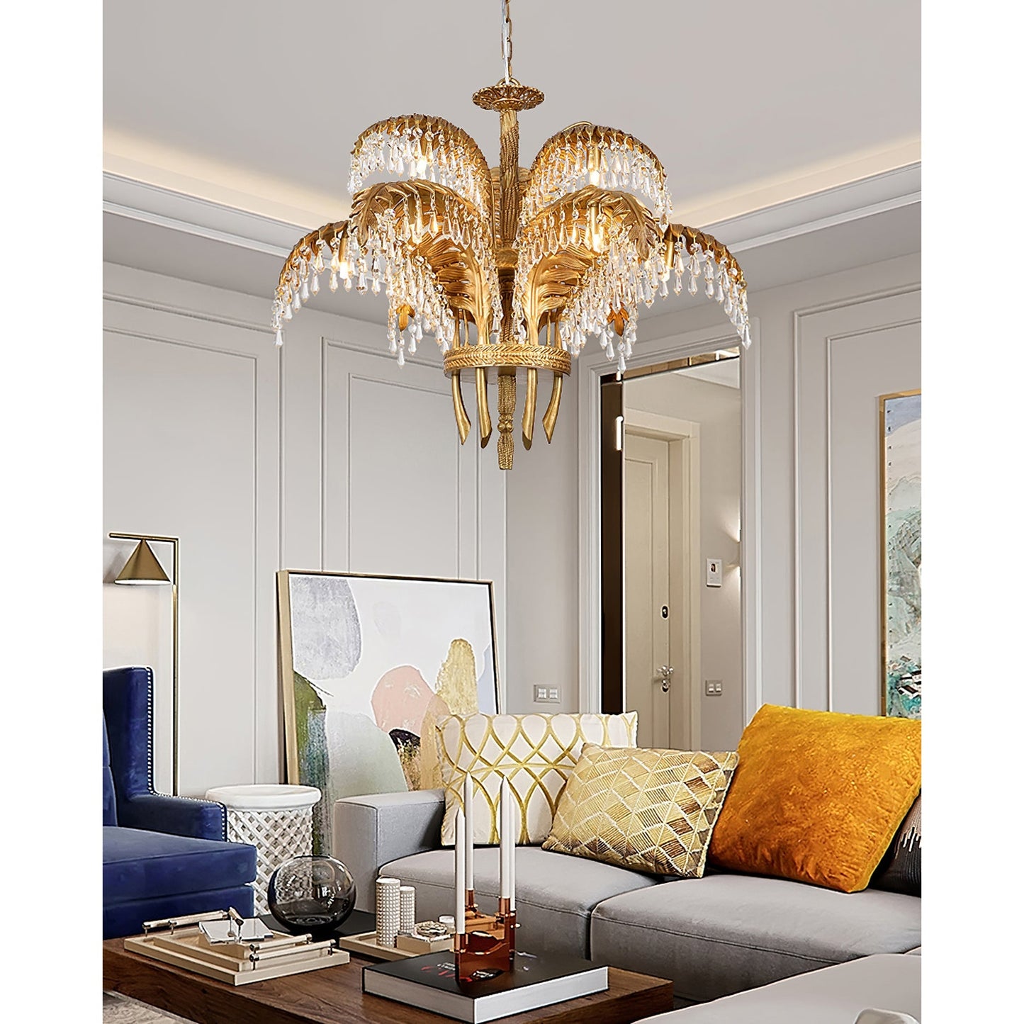 Palm Leaf Crystal Chandelier | Handcrafted Brass & Crystal | 3, 6, 8 Heads