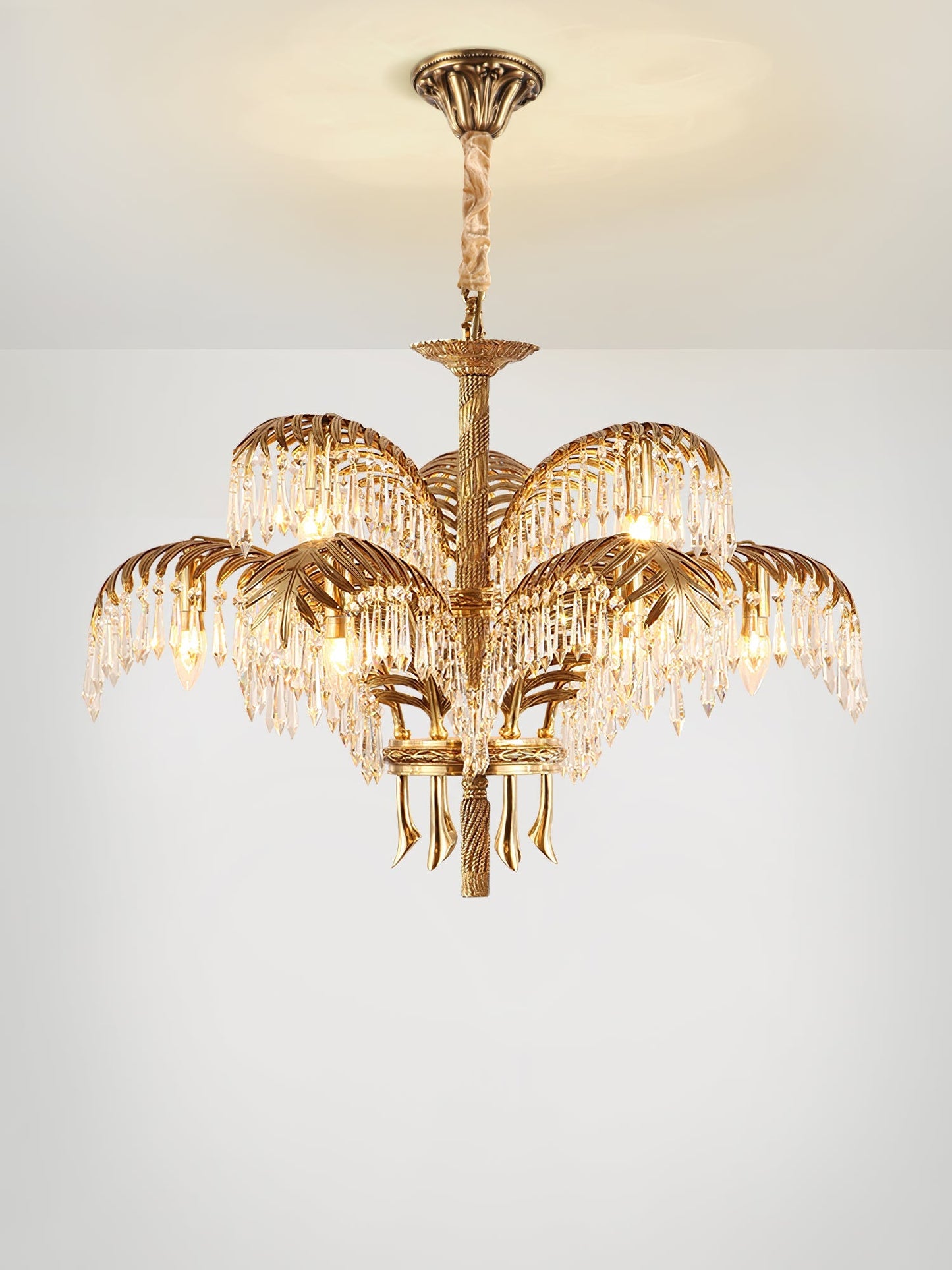 Palm Leaf Crystal Chandelier | Handcrafted Brass & Crystal | 3, 6, 8 Heads
