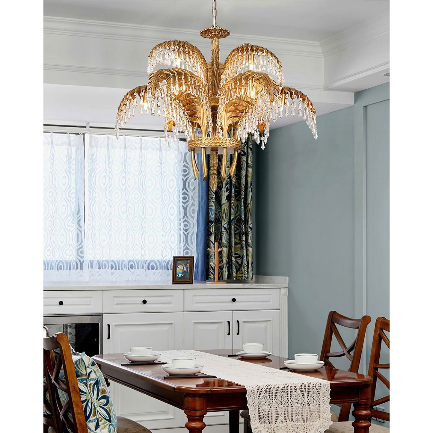 Palm Leaf Crystal Chandelier | Handcrafted Brass & Crystal | 3, 6, 8 Heads