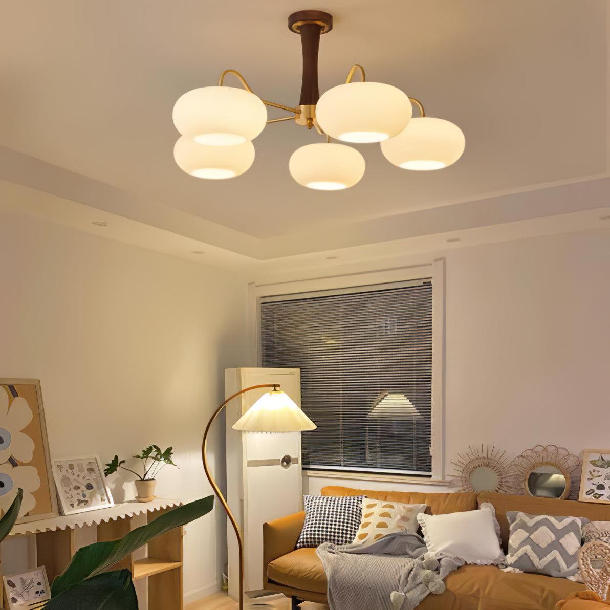 Brass Wooden Chandelier | Glass Shade | 3 or 5 Lights