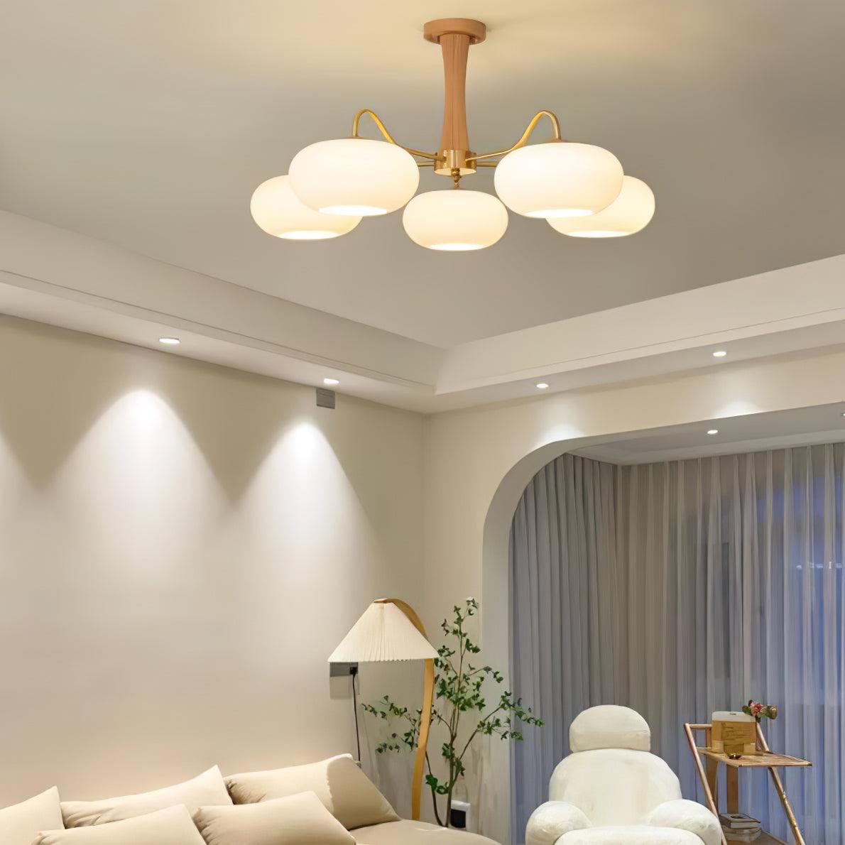 Brass Wooden Chandelier | Glass Shade | 3 or 5 Lights