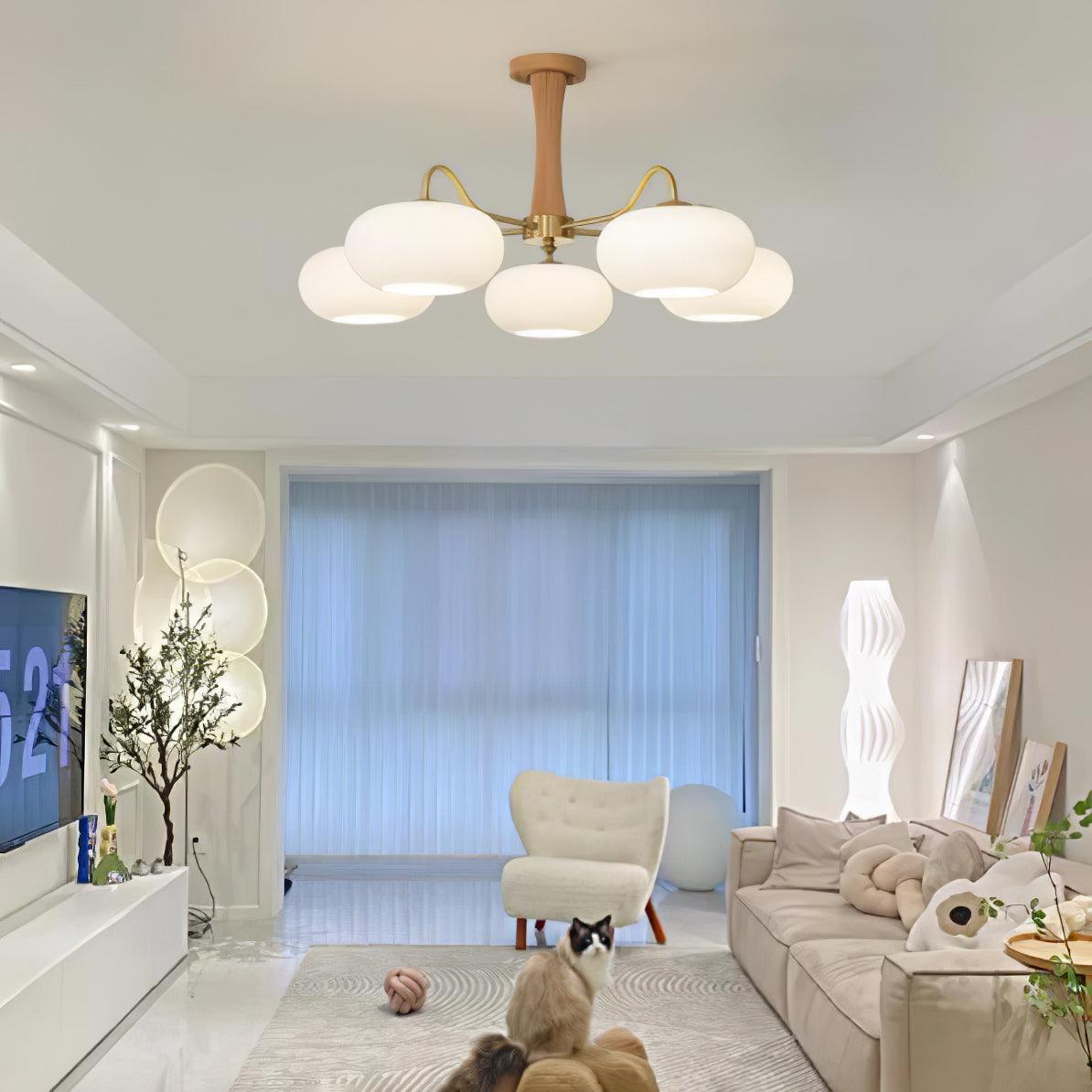 Brass Wooden Chandelier | Glass Shade | 3 or 5 Lights