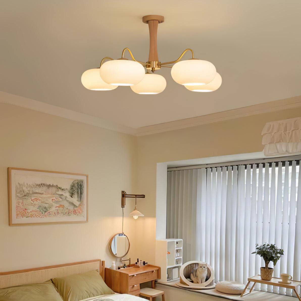 Brass Wooden Chandelier | Glass Shade | 3 or 5 Lights