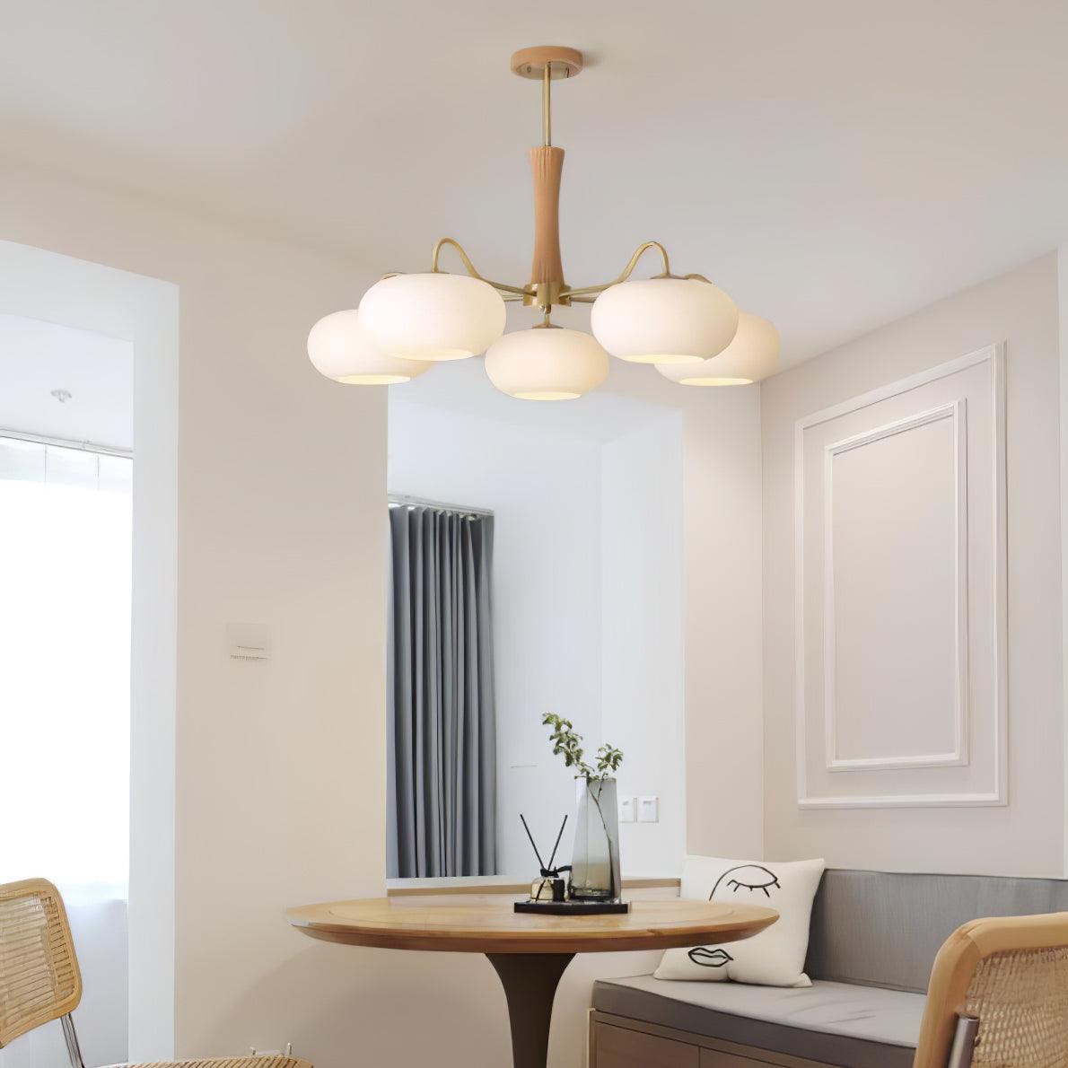 Brass Wooden Chandelier | Glass Shade | 3 or 5 Lights
