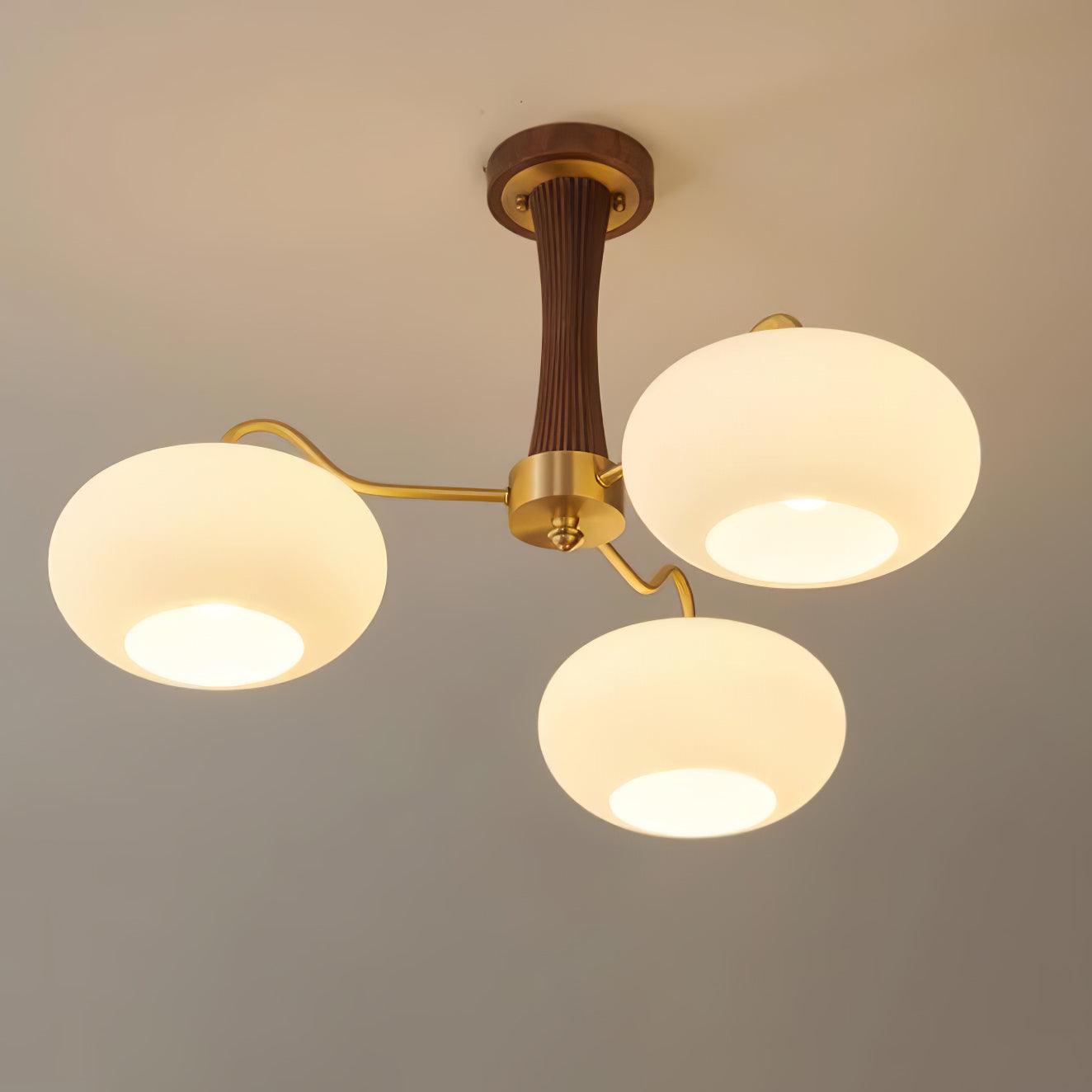 Brass Wooden Chandelier | Glass Shade | 3 or 5 Lights