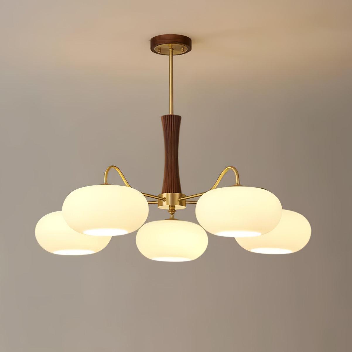 Brass Wooden Chandelier | Glass Shade | 3 or 5 Lights