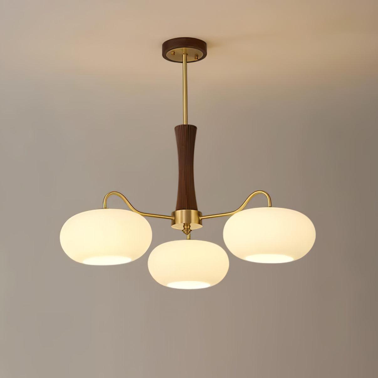 Brass Wooden Chandelier | Glass Shade | 3 or 5 Lights