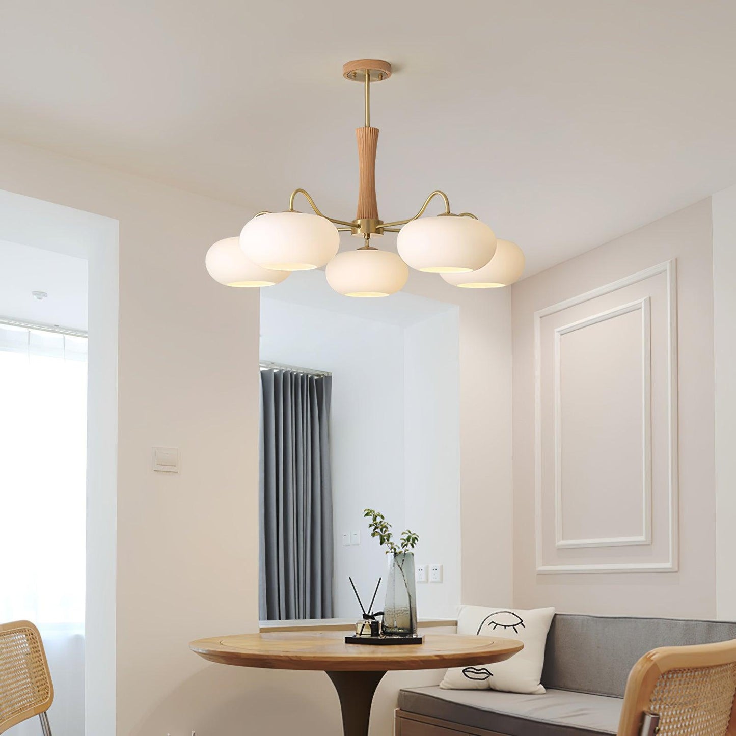 Brass Wooden Chandelier | Glass Shade | 3 or 5 Lights