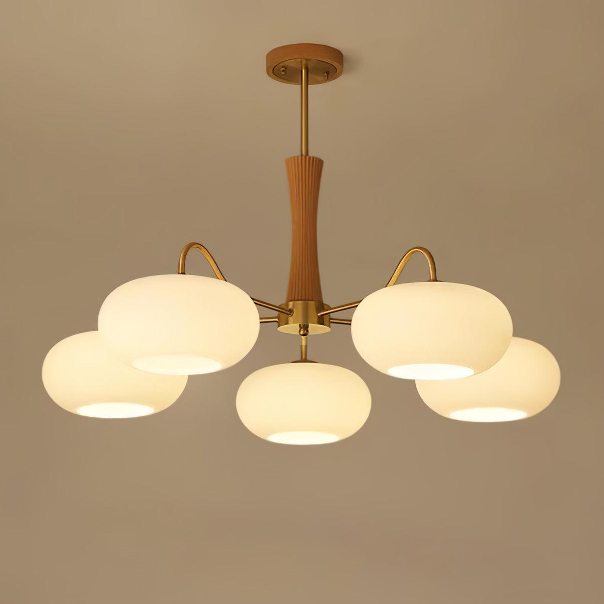 Brass Wooden Chandelier | Glass Shade | 3 or 5 Lights