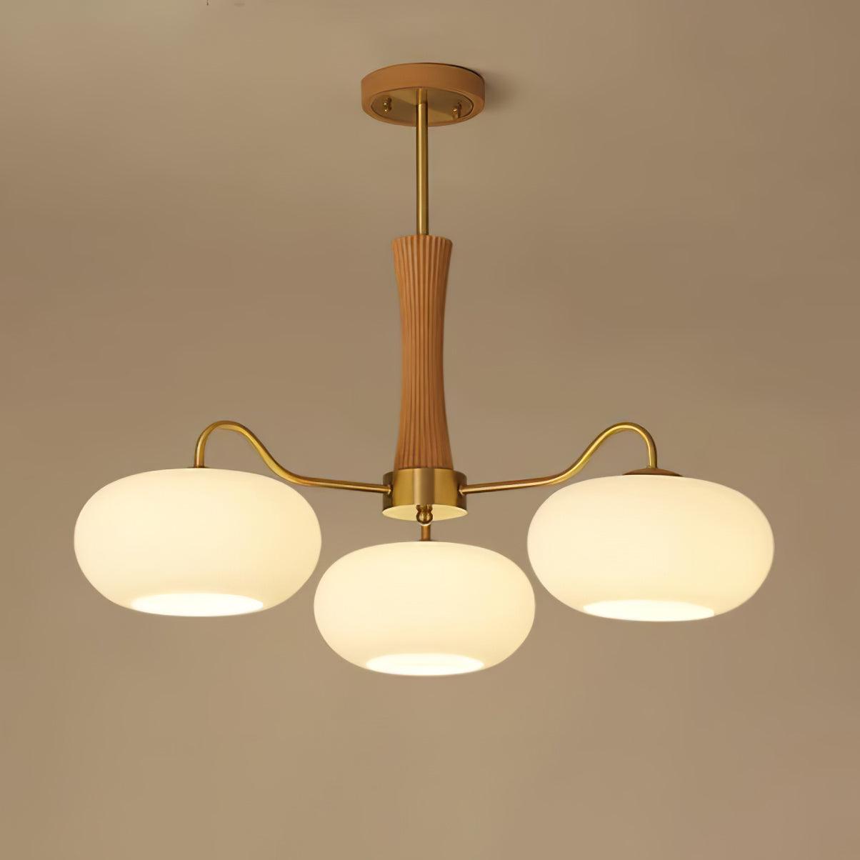 Brass Wooden Chandelier | Glass Shade | 3 or 5 Lights