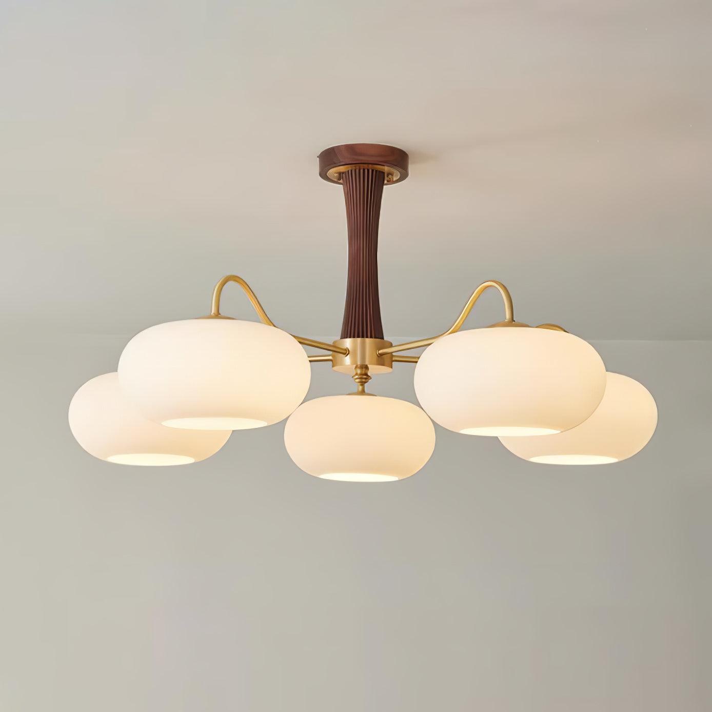 Brass Wooden Chandelier | Glass Shade | 3 or 5 Lights
