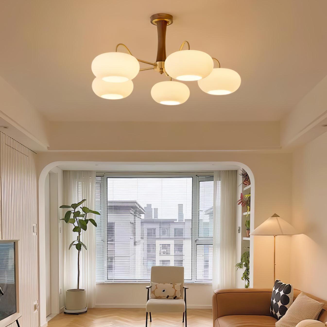 Brass Wooden Chandelier | Glass Shade | 3 or 5 Lights