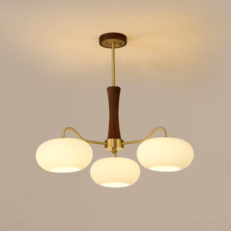 Brass Wooden Chandelier | Glass Shade | 3 or 5 Lights