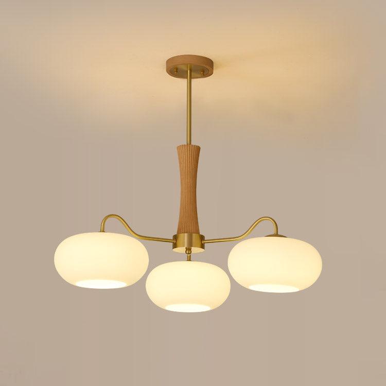 Brass Wooden Chandelier | Glass Shade | 3 or 5 Lights
