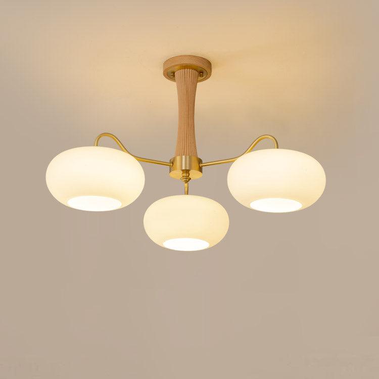 Brass Wooden Chandelier | Glass Shade | 3 or 5 Lights