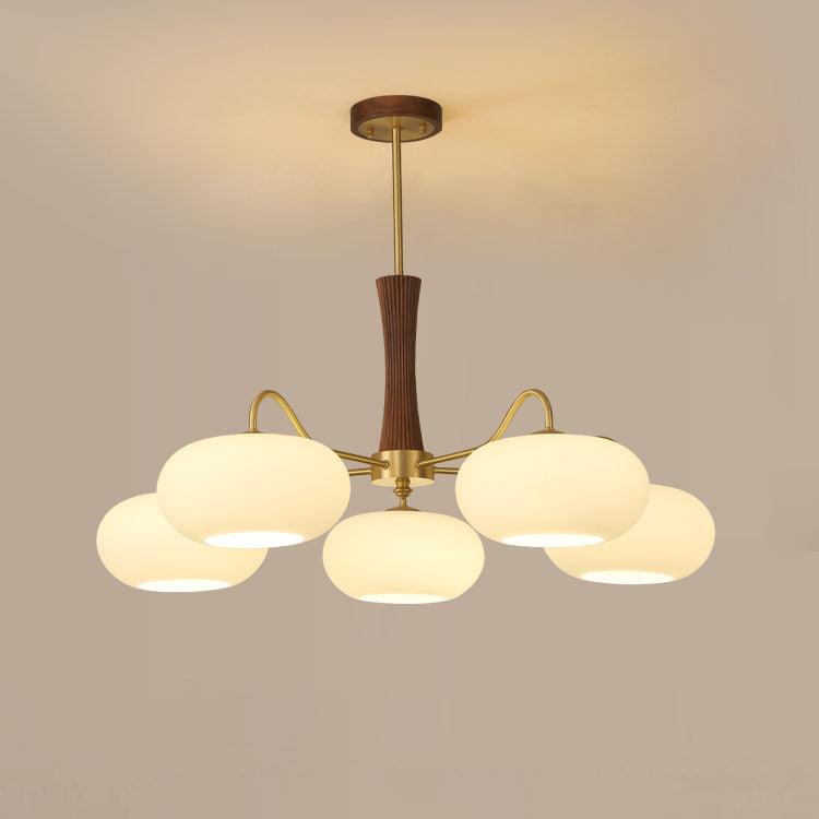 Brass Wooden Chandelier | Glass Shade | 3 or 5 Lights
