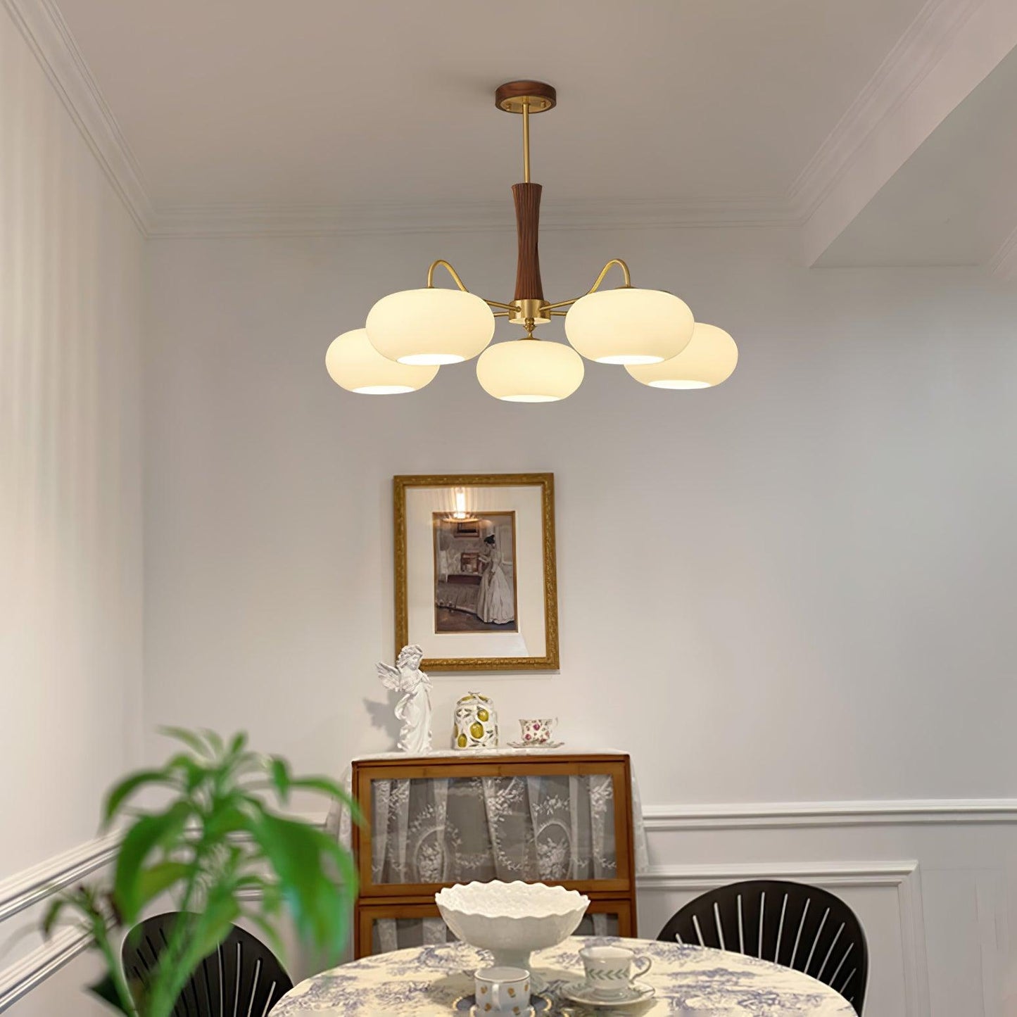 Brass Wooden Chandelier | Glass Shade | 3 or 5 Lights